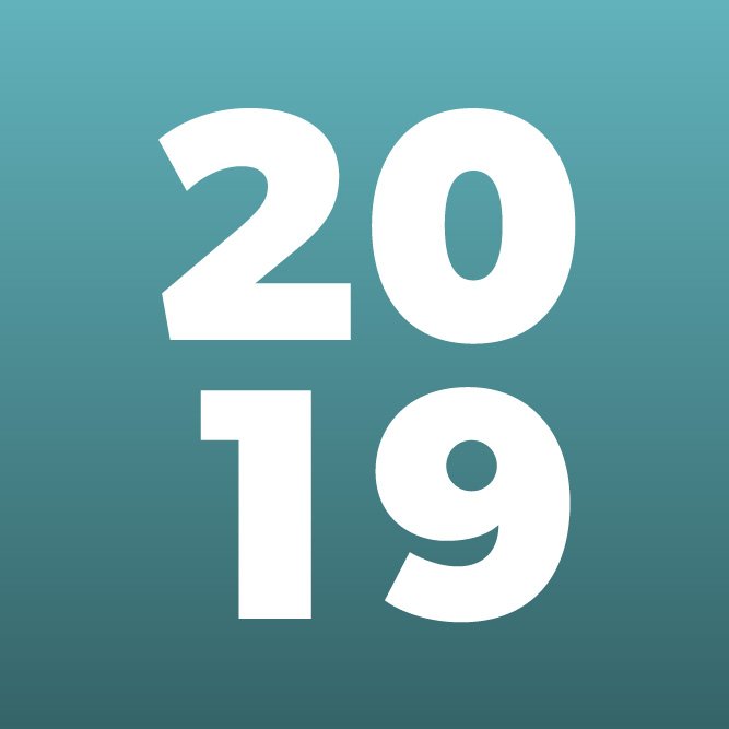 Large white text displaying the year 2019 on a teal gradient background.