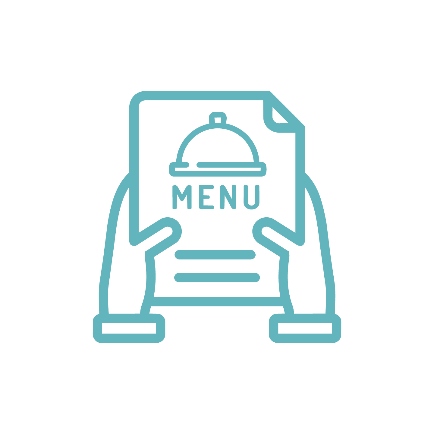 Line drawing of hands holding a menu with a cloche on top, labeled 'MENU'.