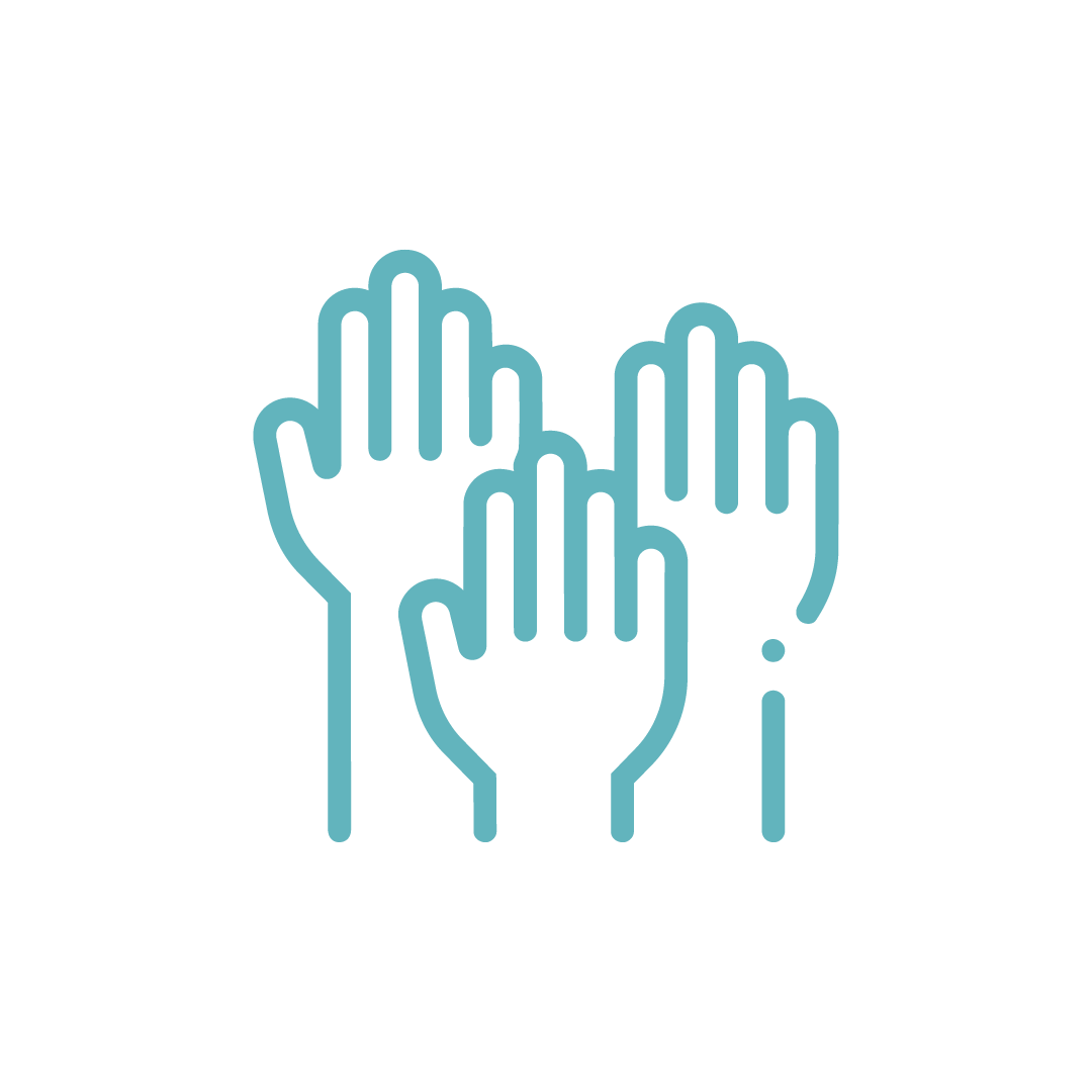 Three raised hands in a line with question mark below, symbolizing questions or inquiry.