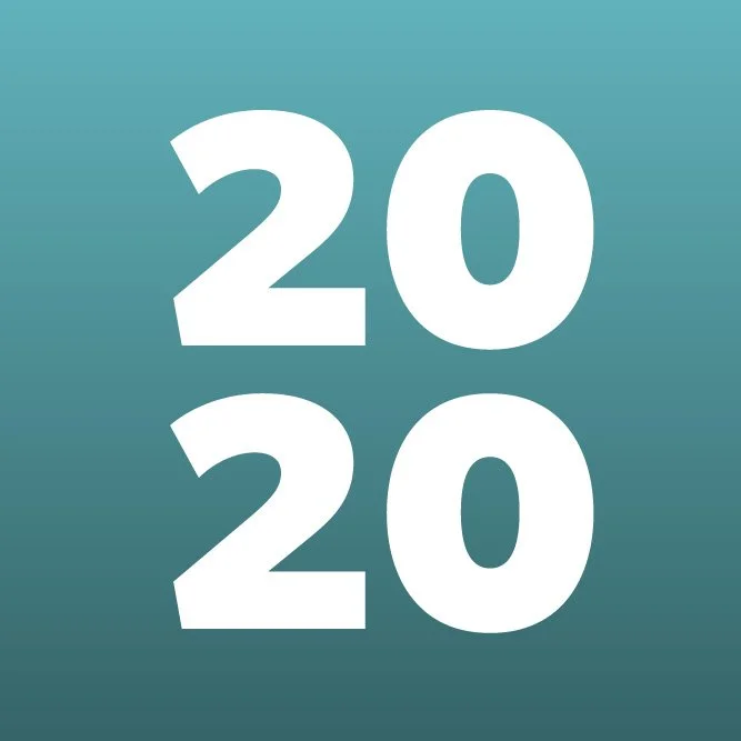 Large white numbers '2020' on a teal gradient background.