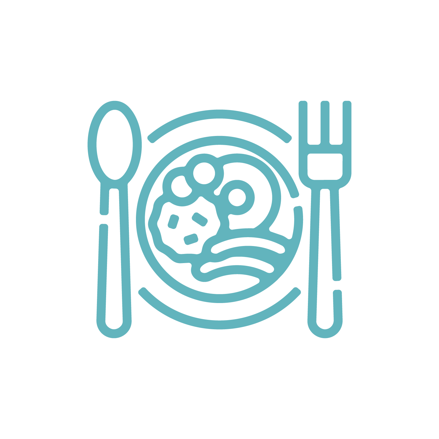 Line drawing of a plate of spaghetti, with a spoon on the left and a fork on the right.