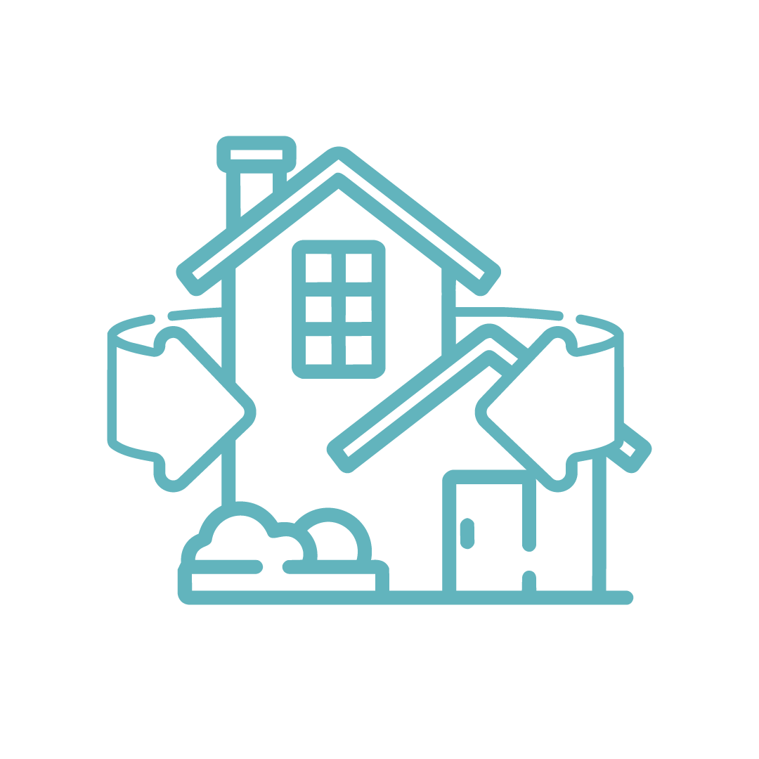 Outline of a house with a damaged roof and broken windows.
