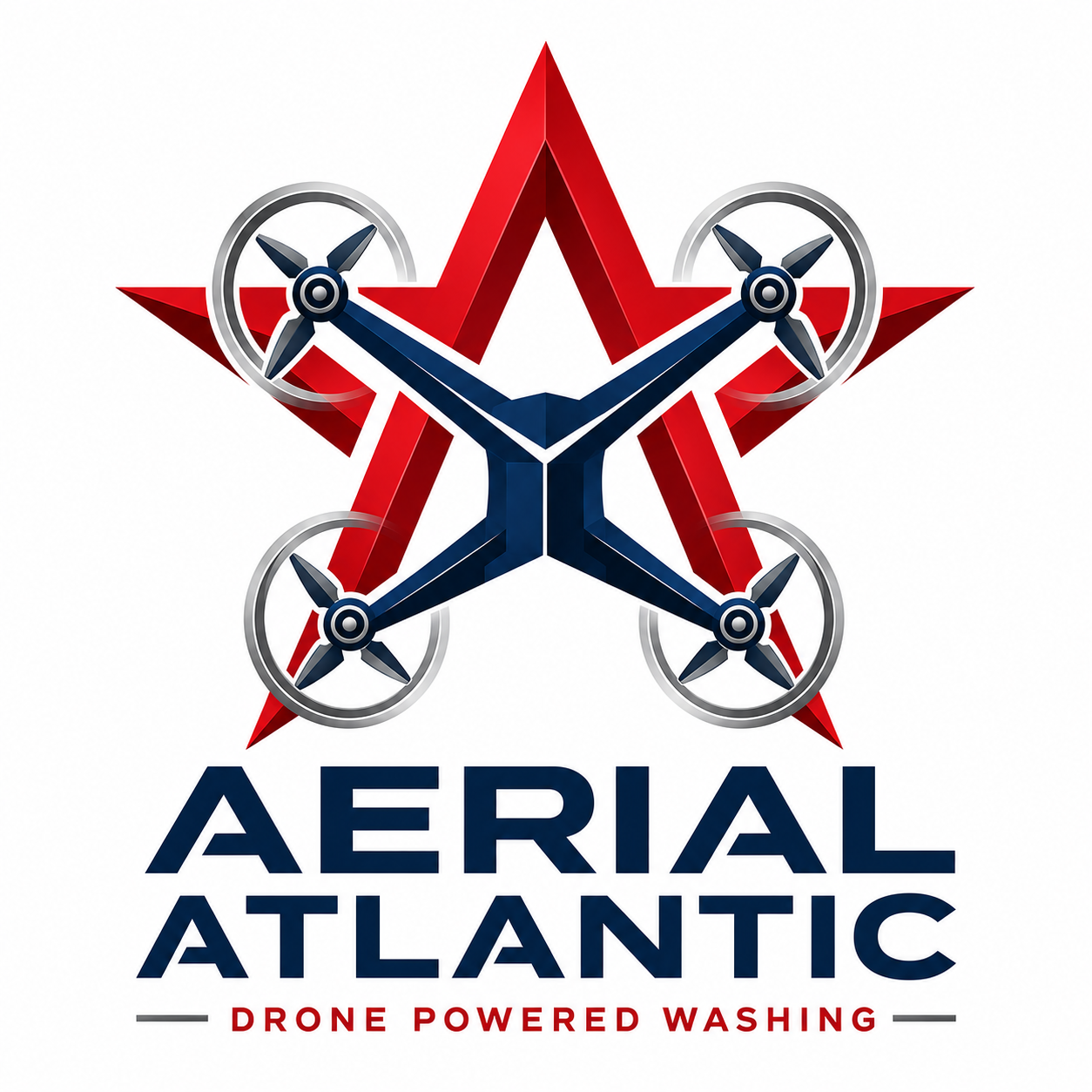 A logo with a large red star and a smaller blue star in the center, connected by drone propellers. The text 'AERIAL ATLANTIC' appears below, with the subtitle 'DRONE POWERED WASHING' in red.
