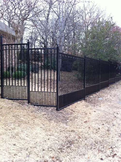 A black metal fence enclosing a yard with leafless trees and shrubs, on a patch of dirt and grass.