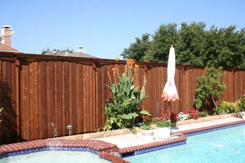 Backyard with a swimming pool, wooden fence, large green plants, a white patio umbrella, and potted flowers under sunny skies.