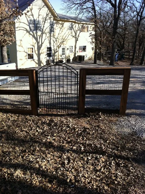 A small black metal gate in a wooden fence, with a dirt and leaf-covered yard behind it, and a light-colored house with multiple windows in the background.