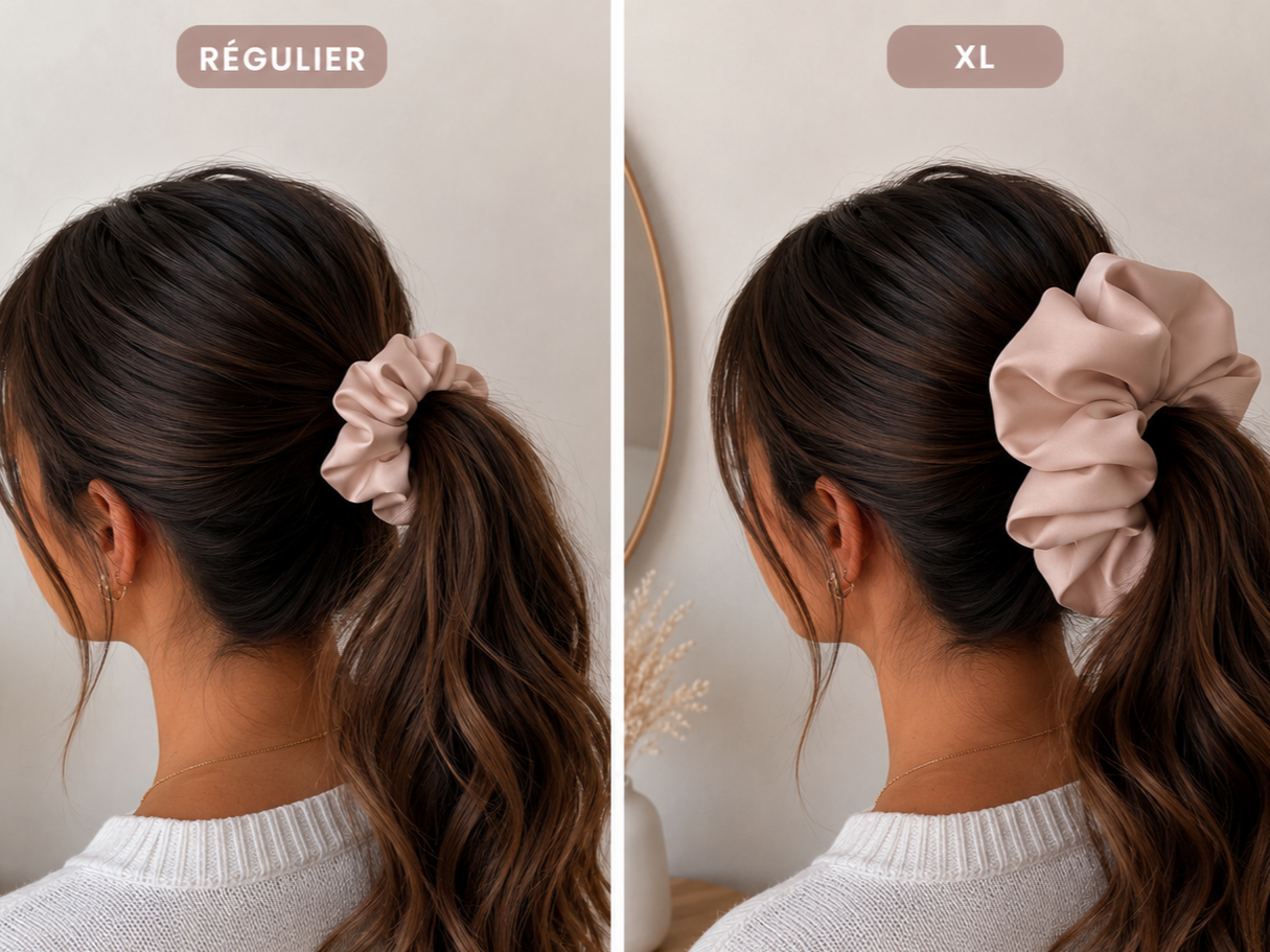 Comparaison de deux coiffures de cheveux attachés avec un scrunchie beige, montrant une version régulière à gauche et une versionXL à droite, vue de derrière.