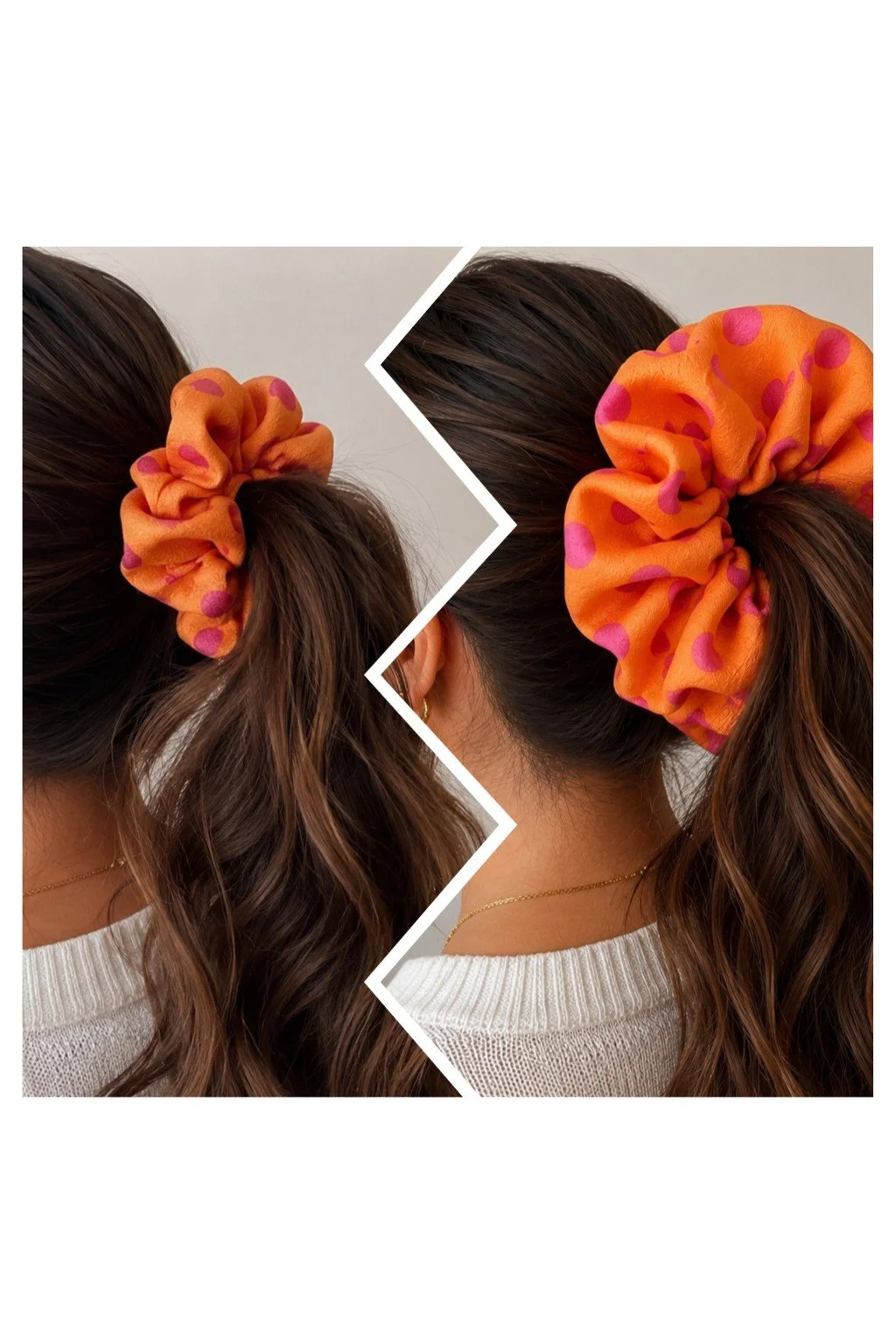 Une photo divisée en deux parties montrant une femme avec des cheveux bruns portant un grand chouchou orange à pois roses, attaché dans sa queue de cheval.