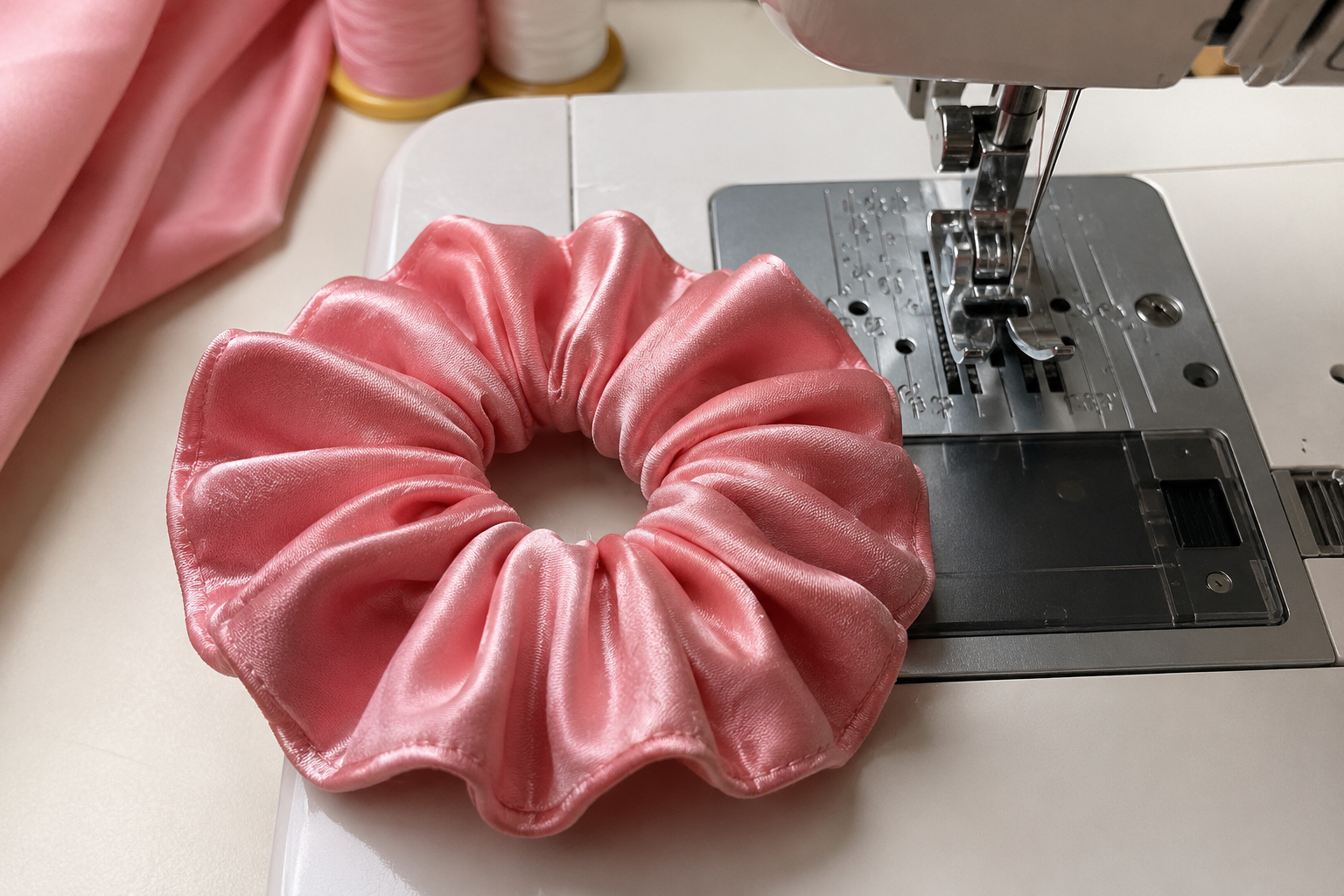 Une machine à coudre avec un ruban en satin rose posé dessus, et des bobines de fil blanc et rose en arrière-plan.