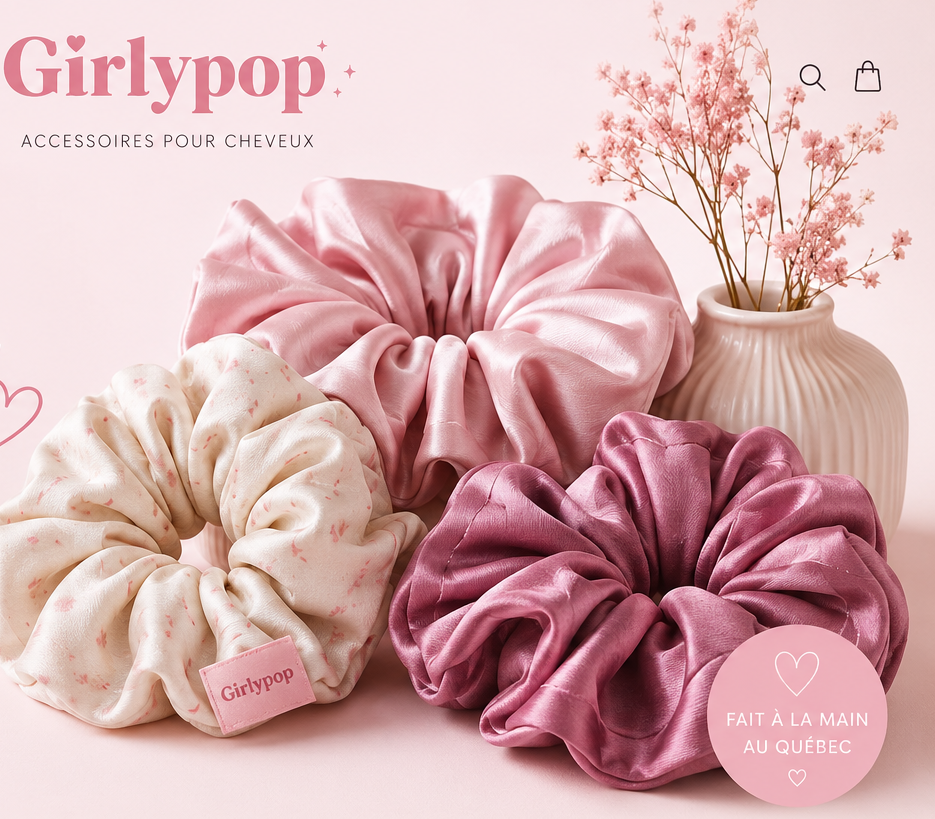 Trois chouchous en satin rose, beige avec des taches roses, et en tissu violet, avec une vase contenant des fleurs roses. Texte indiquant 'Girlypop', 'Accessoires pour cheveux' et 'Fait à la main au Québec'.