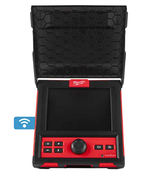 Milwaukee M18 wireless monitor used for viewing pipeline inspection camera footage in its carrying case.