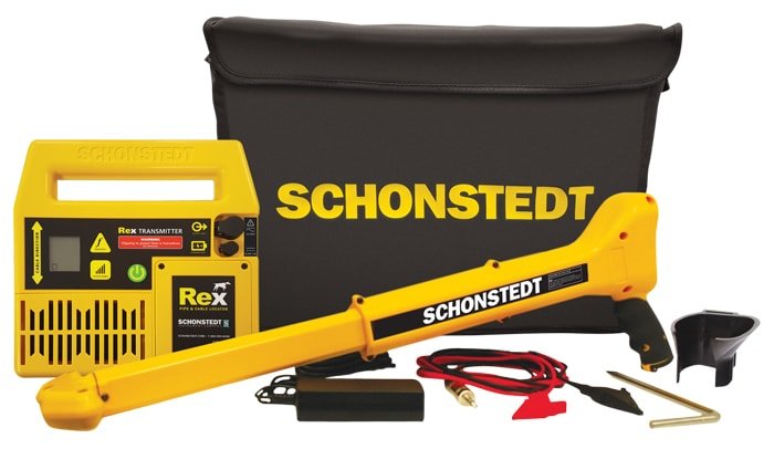Schonstedt REX multi-frequency locator kit with carrying case and accessories for locating various underground utility types.
