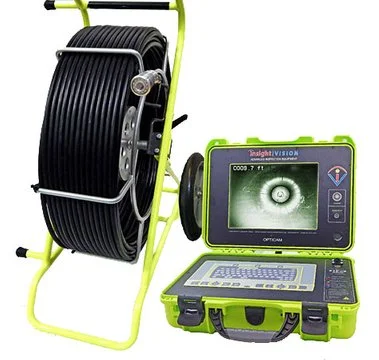 Insight Vision Opticam inspection camera reel with monitor, an entry-point pipeline inspection system.