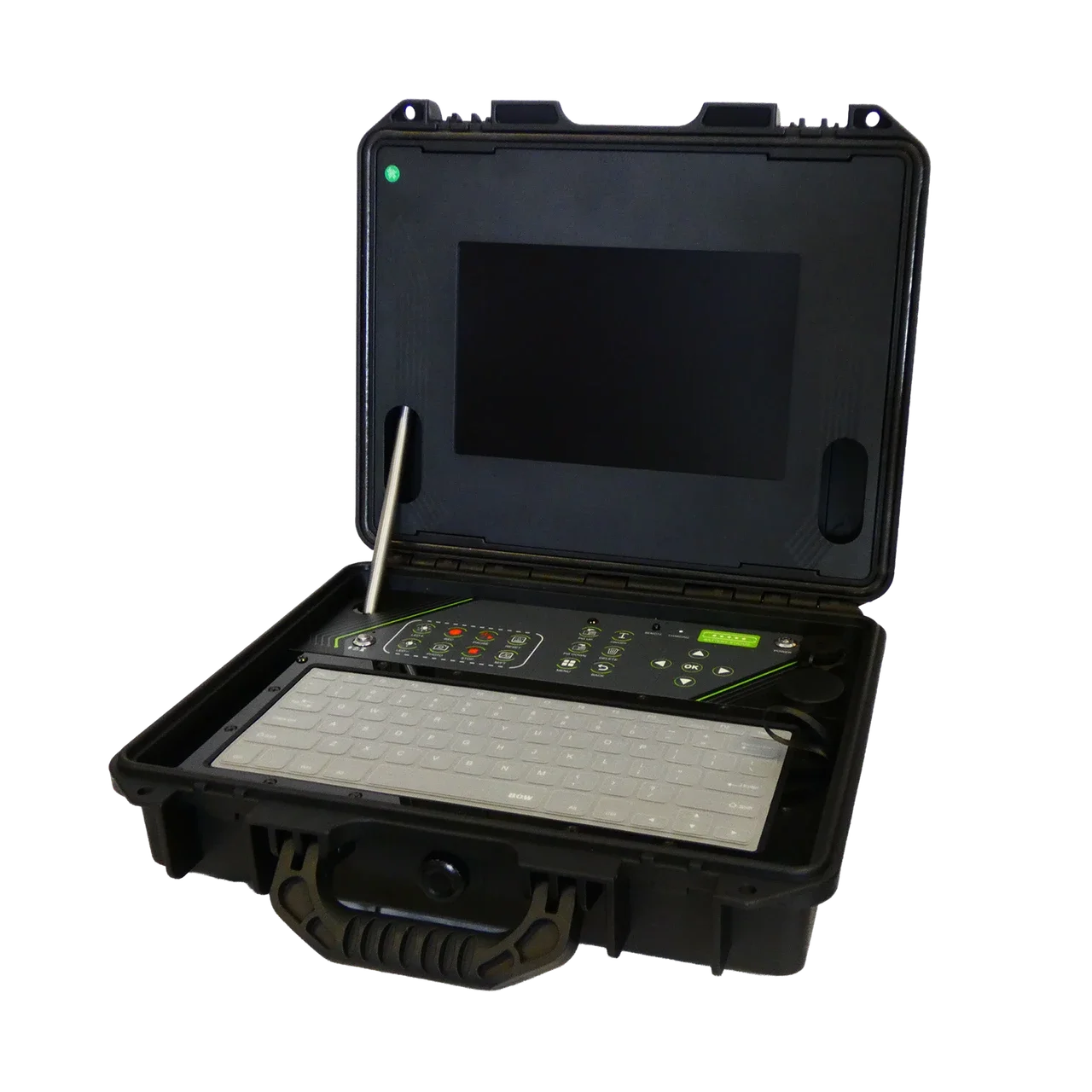 Rugged carrying case open to show a control monitor and keyboard used for field data collection in utility locating.