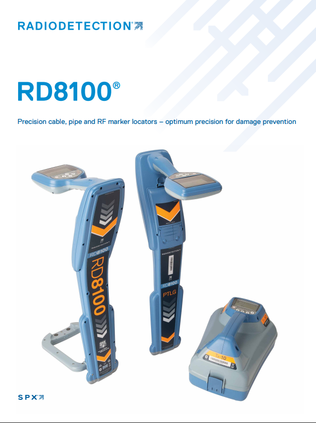 Cover of the Radiodetection RD8100 marker locator brochure.