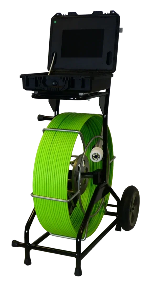 Insight Vision Opticam XL sewer and drain inspection camera system with monitor and coiled push cable on a wheeled cart.