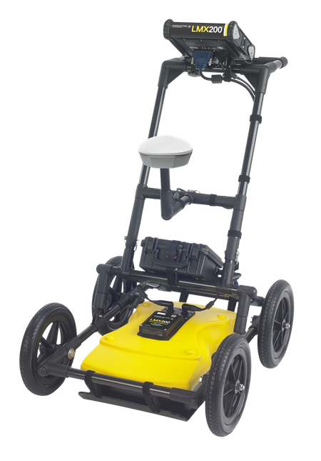 Radiodetection LMX200 ground penetrating radar cart shown from the front with external GPS receiver mounted.
