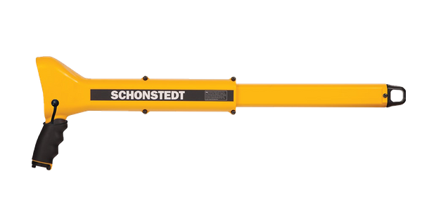 Yellow Schonstedt magnetic locator used for locating buried ferrous utility markers.
