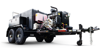 Harben high-pressure water jetting unit mounted on a tandem-axle trailer for sewer and drain cleaning.