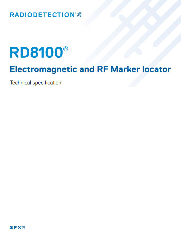 Cover of the Radiodetection RD8100 electromagnetic and RF marker locator technical specification document.