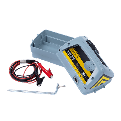Schonstedt U-Locate pipe and cable locator with transmitter, cables, and ground rod for underground utility detection.