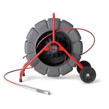 Sewer inspection camera reel with push cable and cart wheels for inspecting drains, laterals, and sewer lines.