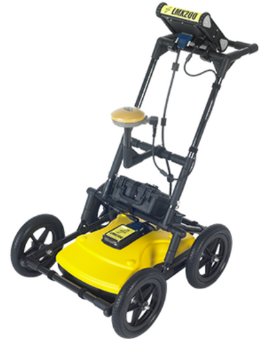 Radiodetection LMX200 ground penetrating radar cart shown from the front with external GPS receiver mounted.