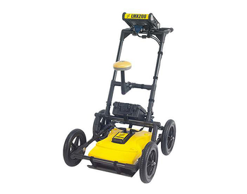 Yellow ground penetrating radar cart system used for geophysical underground utility locating.