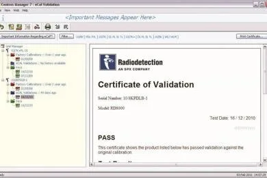 Radiodetection eCAL software screen showing a Certificate of Validation for locator calibration.