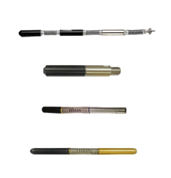 Pen-style locator sonde attachments used with duct rodders for underground utility locating.