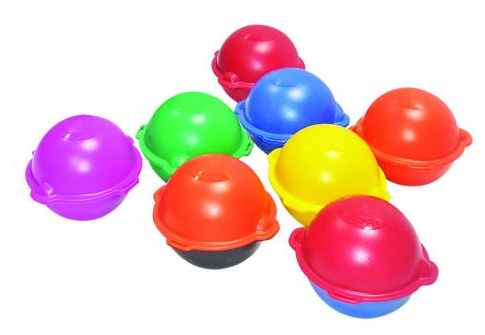 Assortment of color-coded RF marker balls used to electronically mark buried utility lines for future locating.