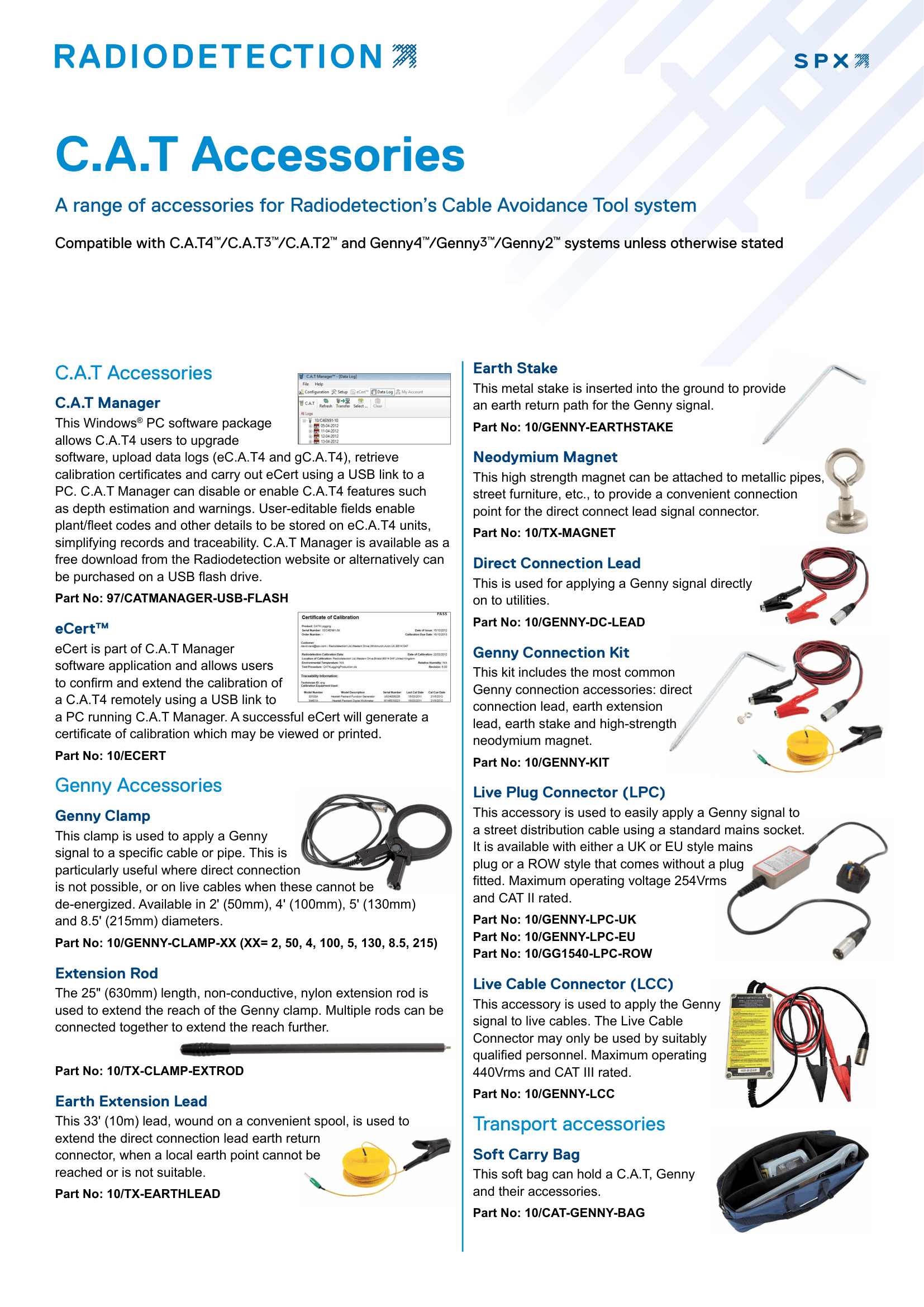 Cover of the Radiodetection C.A.T accessories brochure listing compatible cable avoidance tool add-ons.