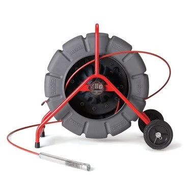 RIDGID standard drain inspection camera reel on wheeled cart with push cable and camera head.