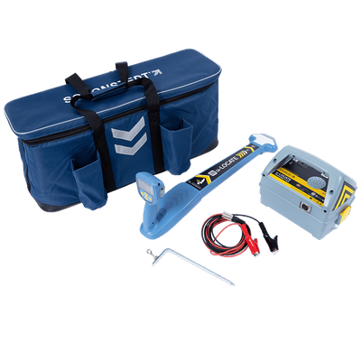 Schonstedt U-Locate pipe and cable locator kit including receiver, transmitter, cables, and carrying bag.