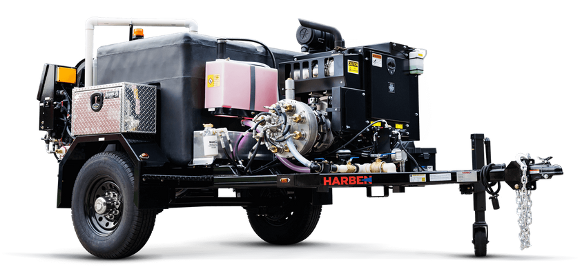 Harben E180 Trailer Jetter mounted on a single-axle trailer for sewer and drain cleaning.