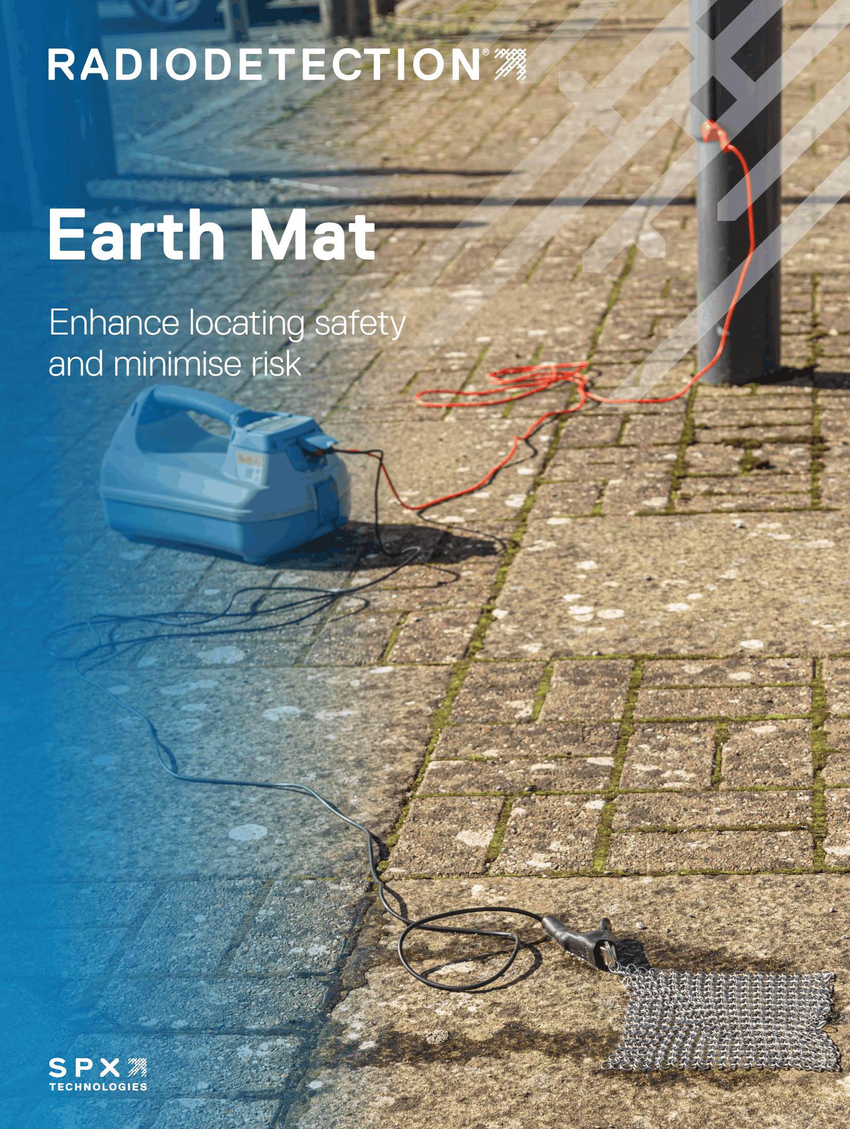Cover of the Radiodetection Earth Mat brochure showing the mat in use with a transmitter.