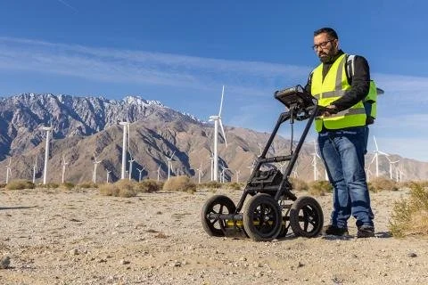 Technician using a Radiodetection LMX150 FINDAR GPR cart to survey utilities in an open desert area with wind turbines.