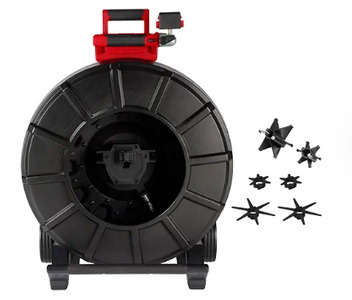 Milwaukee M18 325' Stiff pipeline inspection reel shown with attachable skid accessories.