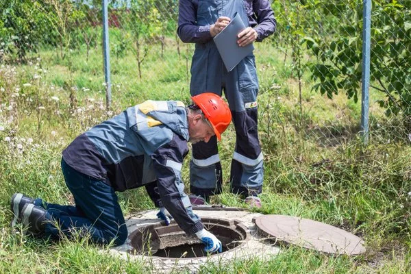Field technicians inspecting a manhole opening during a sewer line inspection in a grassy area.