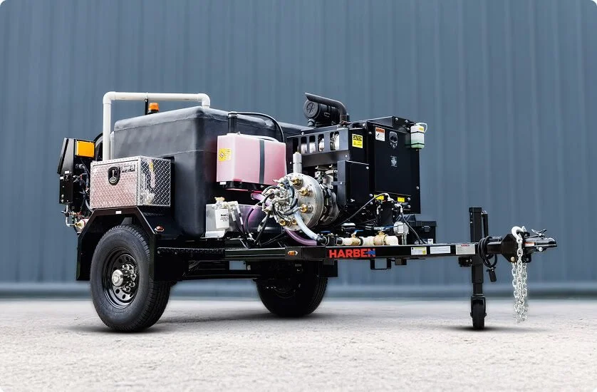 Harben hydro jetting trailer jetter unit equipped for sewer and pipe cleaning applications.