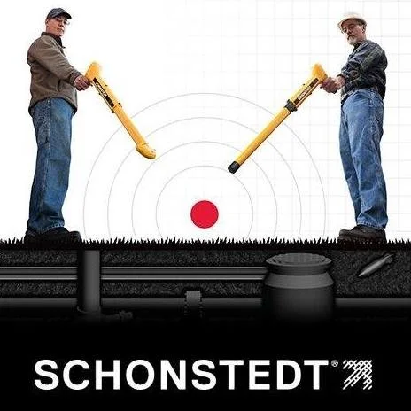 Schonstedt promotional graphic showing two technicians using magnetic locators above a cross-section of buried utility lines.