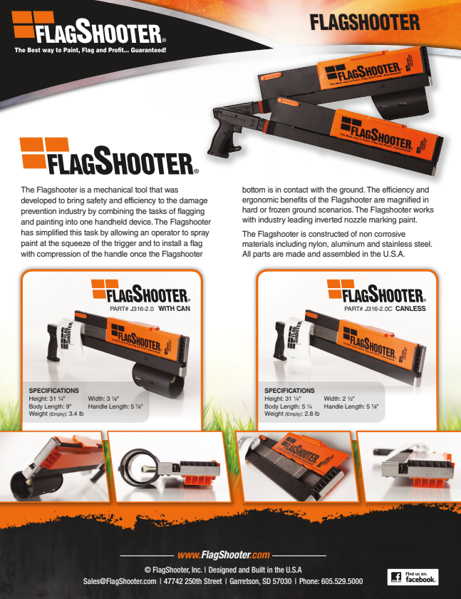 FlagShooter product flyer showing the marking tool, With Can and Canless model specifications, and detail views of its components.