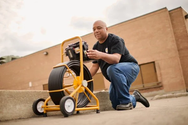 Technician kneeling beside a portable pipe inspection camera reel system, adjusting the control unit.