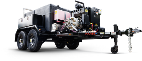 Harben ET180 dual-axle trailer jetter with 750-gallon tank built for high-volume municipal sewer cleaning work.
