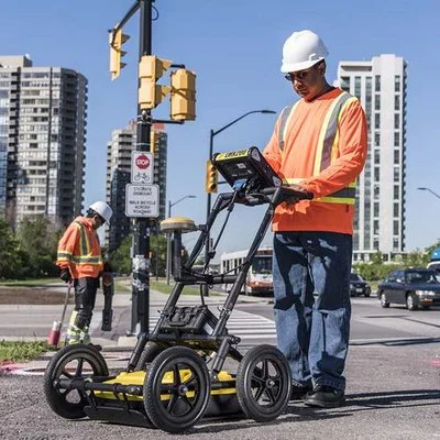 Technician using a Radiodetection LMX100 GPR cart to survey underground utilities at a city intersection.