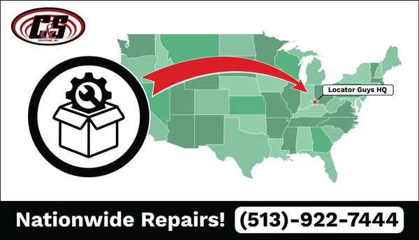 Map graphic highlighting Locator Guys HQ location and promoting nationwide equipment repair services.