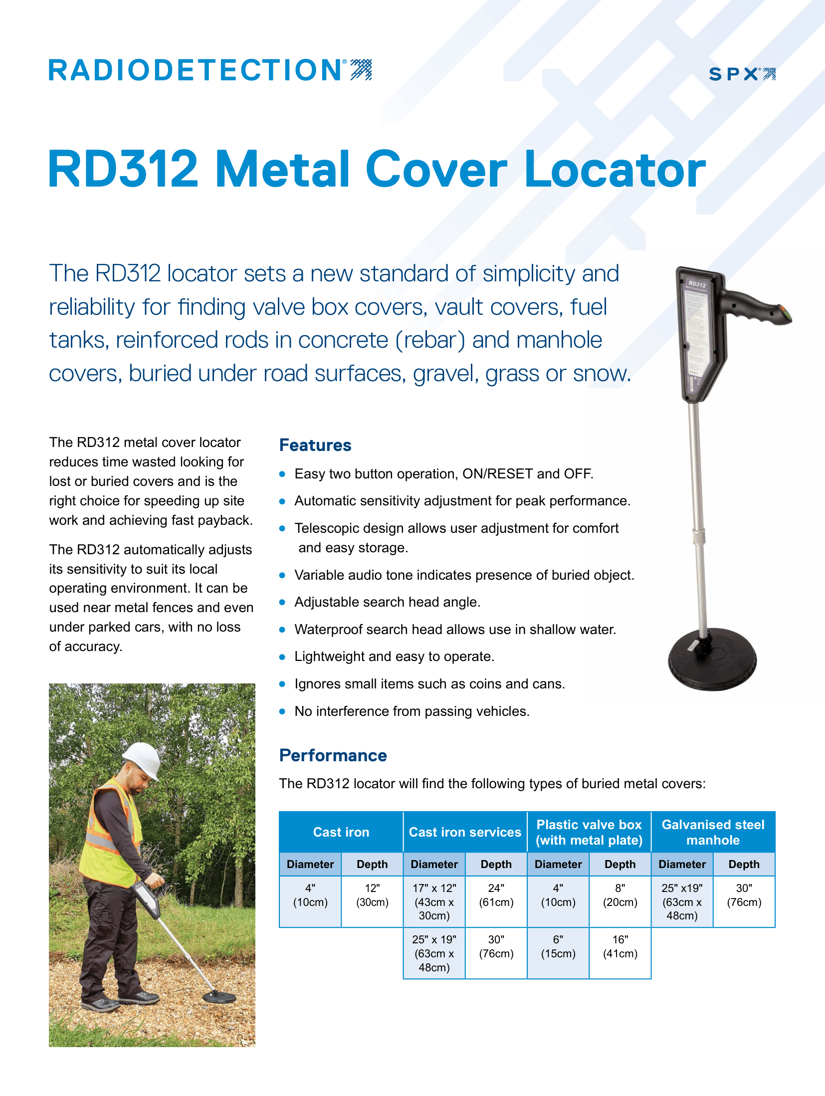 Cover of the Radiodetection RD312 metal cover locator brochure showing product features and a field photo.