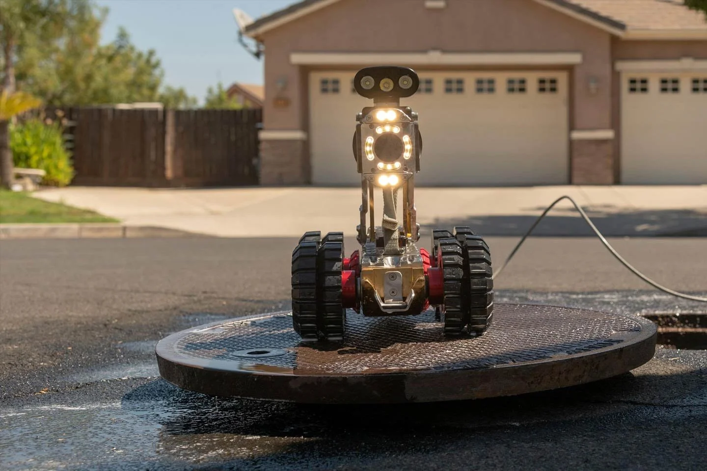 Pipeline inspection crawler camera with pan-tilt-zoom lens positioned on a manhole cover in a residential street.