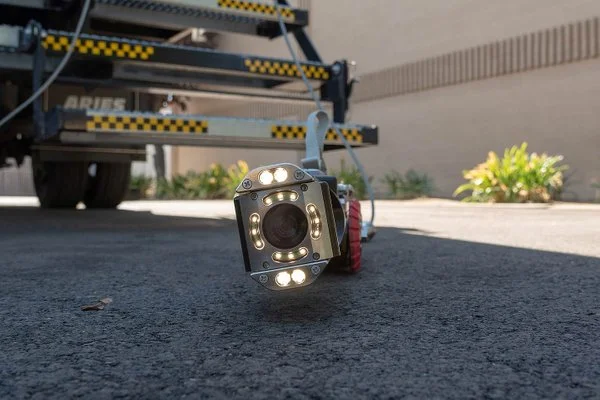 Close-up of an Aries pipeline inspection crawler's illuminated camera head on pavement.