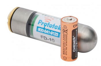 Prototek FD-10 sonde with battery, used for locating pipes and cables during inspections.
